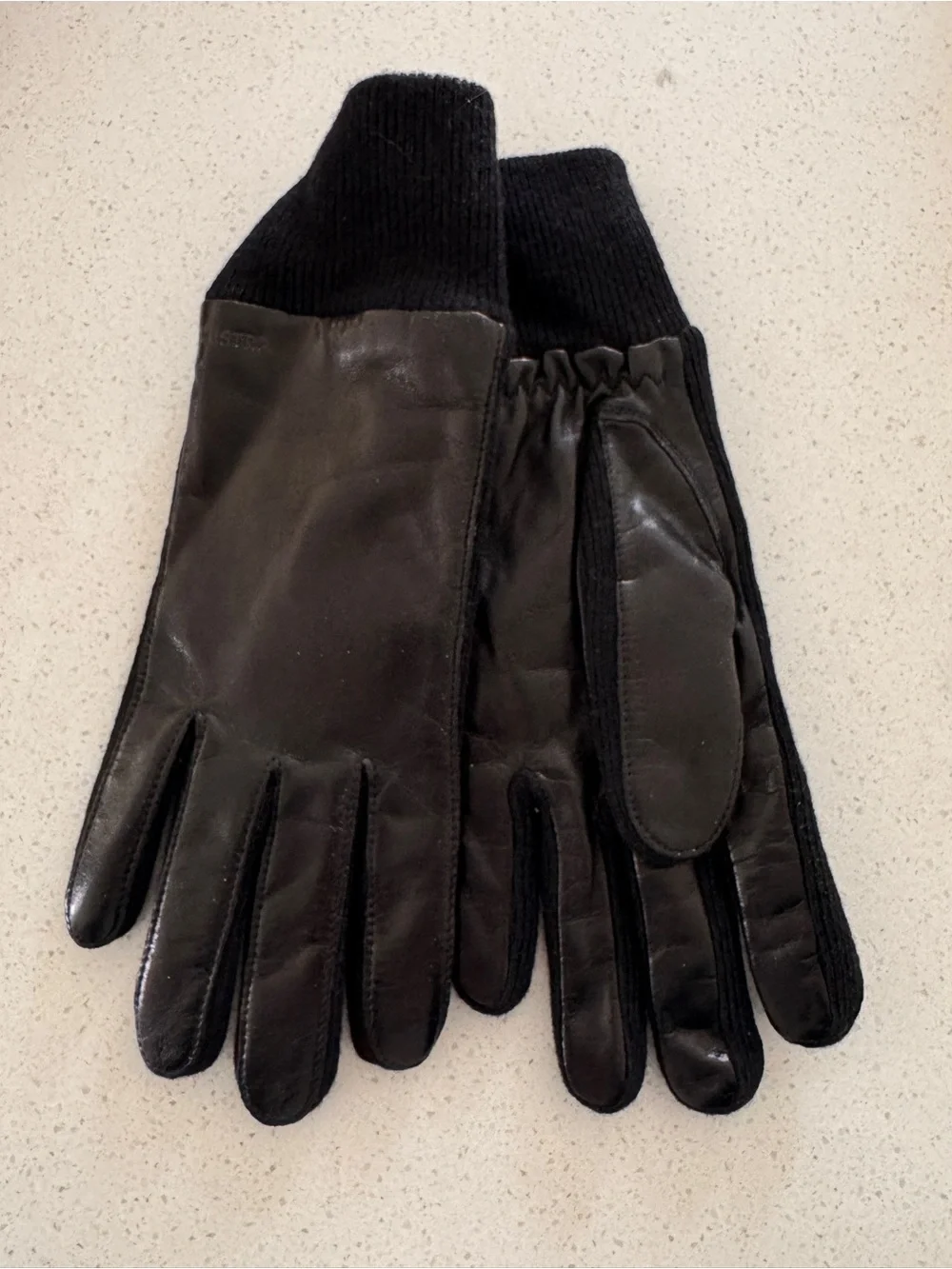 Hestra Black Leather Gloves with Knit Cuff